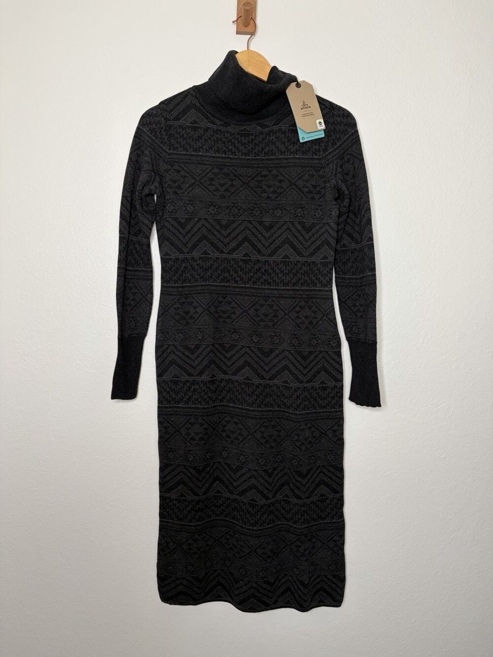 NWT Prana South Rock Sweater Dress in Charcoal Intarsia Knit Pattern Size XS